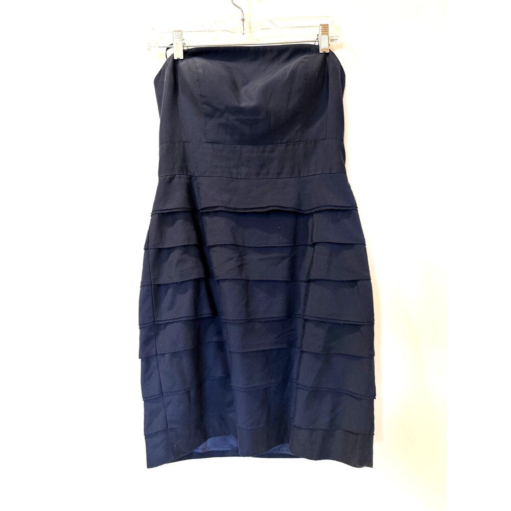 Glint Cotton Silk Tiered Strapless Cocktail Dress 6 Navy Blue Wedding Prom